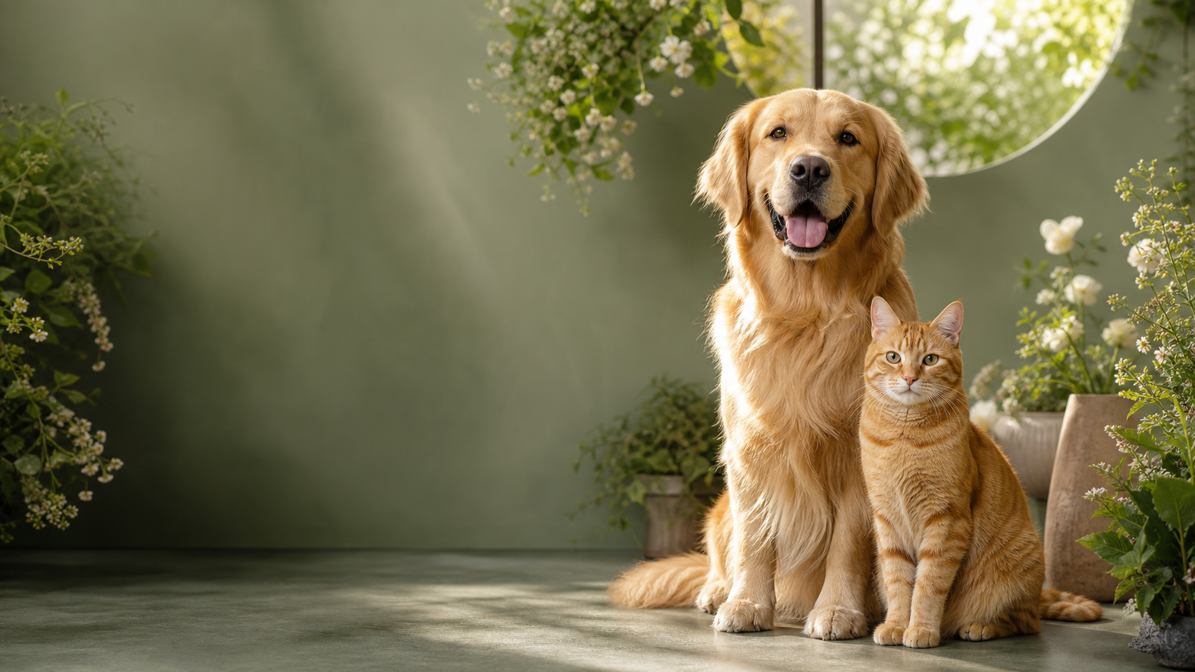 Happy golden retriever and orange tabby cat in a sage-green garden studio